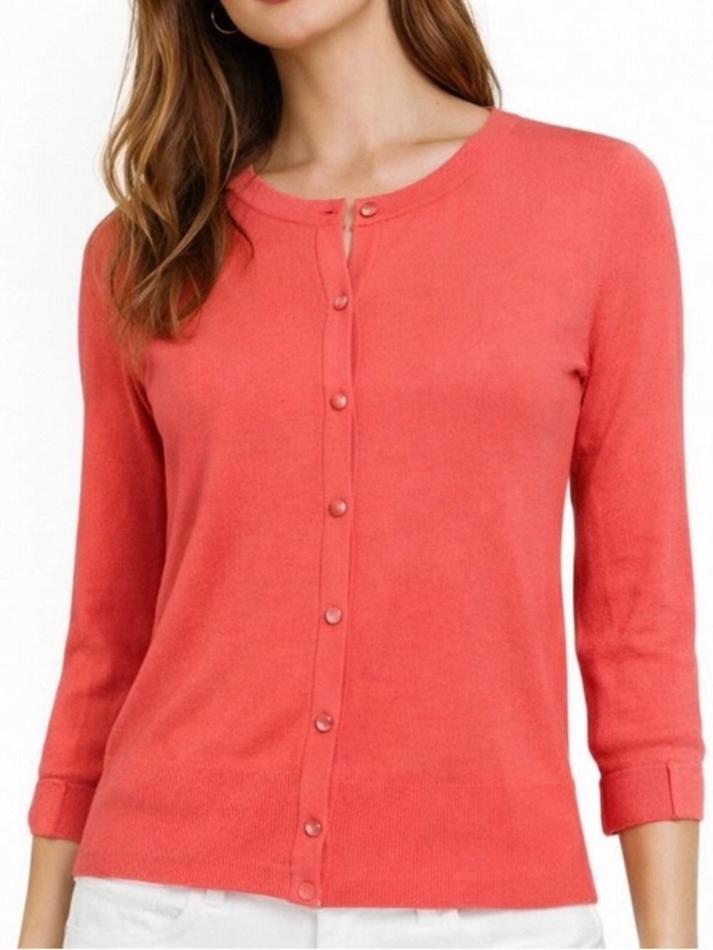 Pina Rossi Coral Crew Neck Cardigan 3/4 Sleeve Button Front M